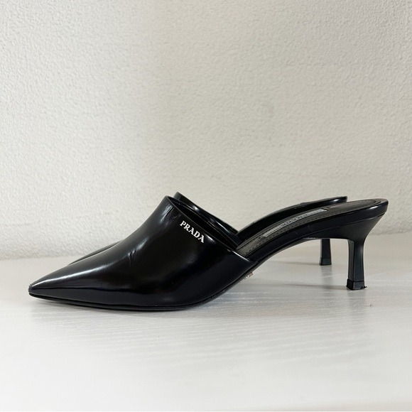 Prada Black Leather Kitten Heel Mules Pointed Toe Logo Size EU 36.5 - Picture 12 of 12